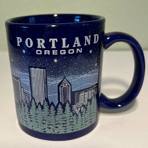 Vintage Portland Oregon Cobalt Blue Mug w/ CityScape Skyline Trees Mountains